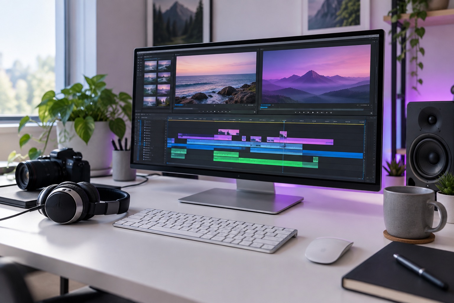 Illustrative video editing workspace with a timeline monitor and headphones