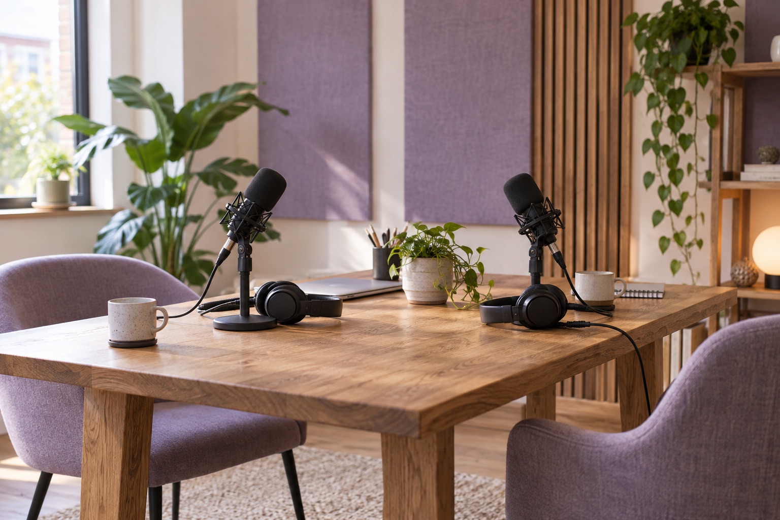 Illustrative podcast studio with microphones and headphones